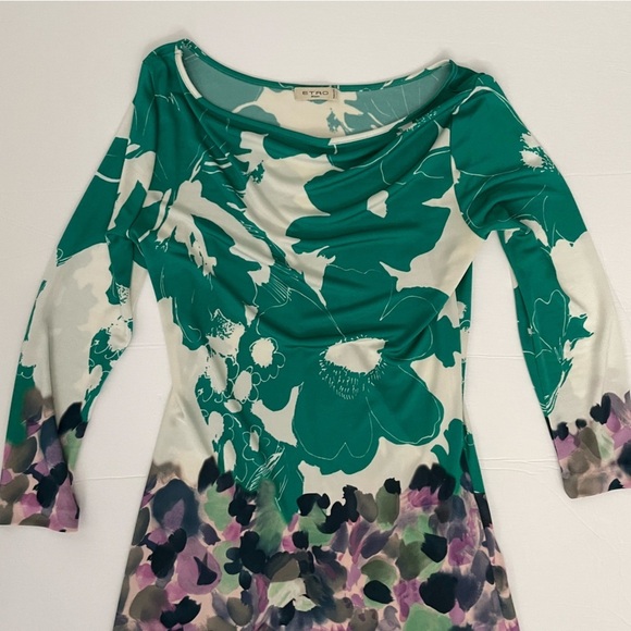 ETRO Green Purple Floral Abstract Printed 3/4 Sleeve Knee Length Dress - Picture 2 of 13